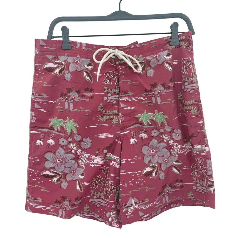 Vintage POLO SPORT Ralph Lauren‎ Mens Hawaiian Print Swim Trunks Red Pink Medium